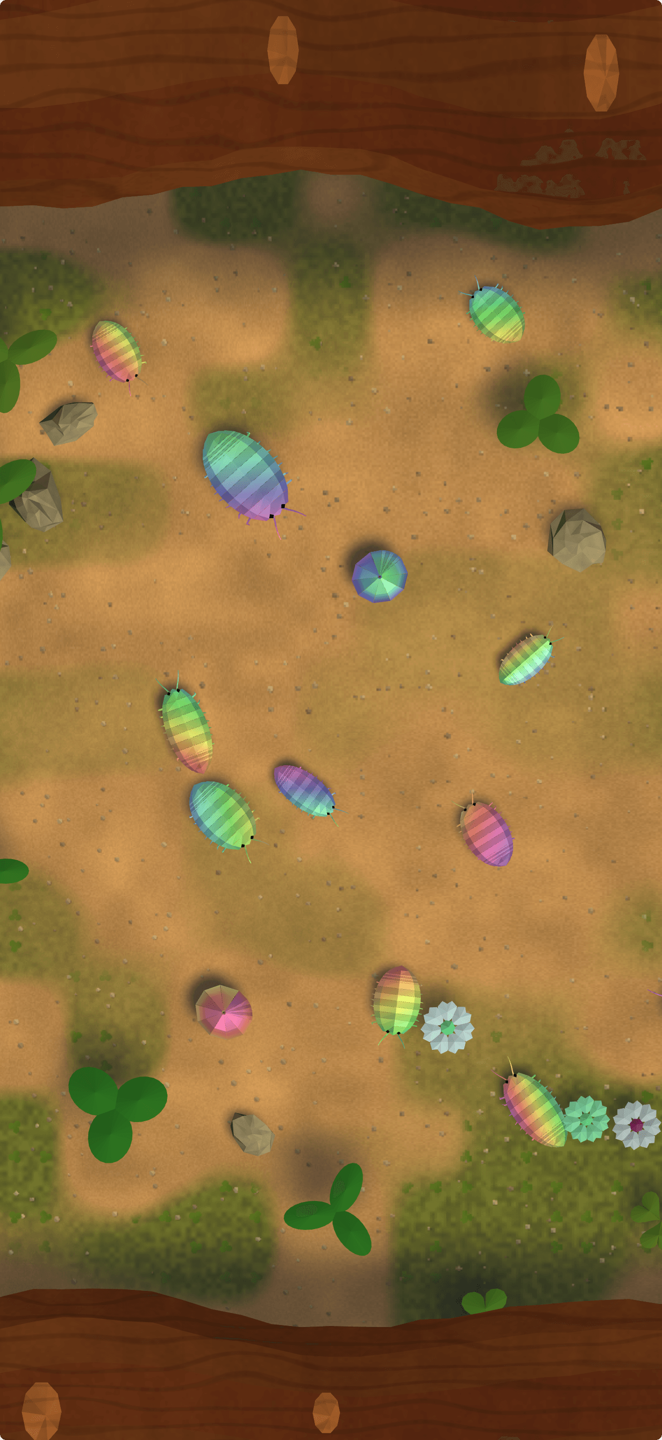 Rainbow-colored pill bugs wander and curl into balls among clover, flowers, and rocks in the sunny PILLY BUGS garden.